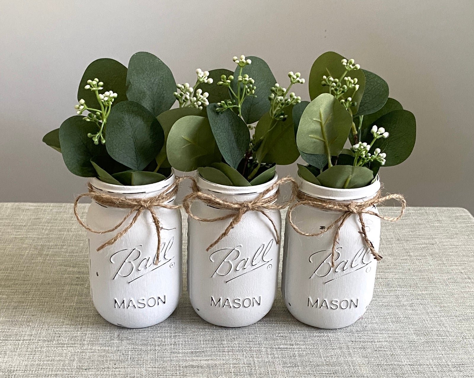 Chalk painted distressed mason jars w/faux eucalyptus included UEFJAd45s Special offer 